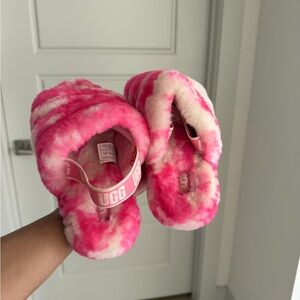 UGG Vibrant Pink and Cream Fluffy Slippers